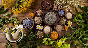 Alternative medicine, dried herbs and mortar on wooden desk background
